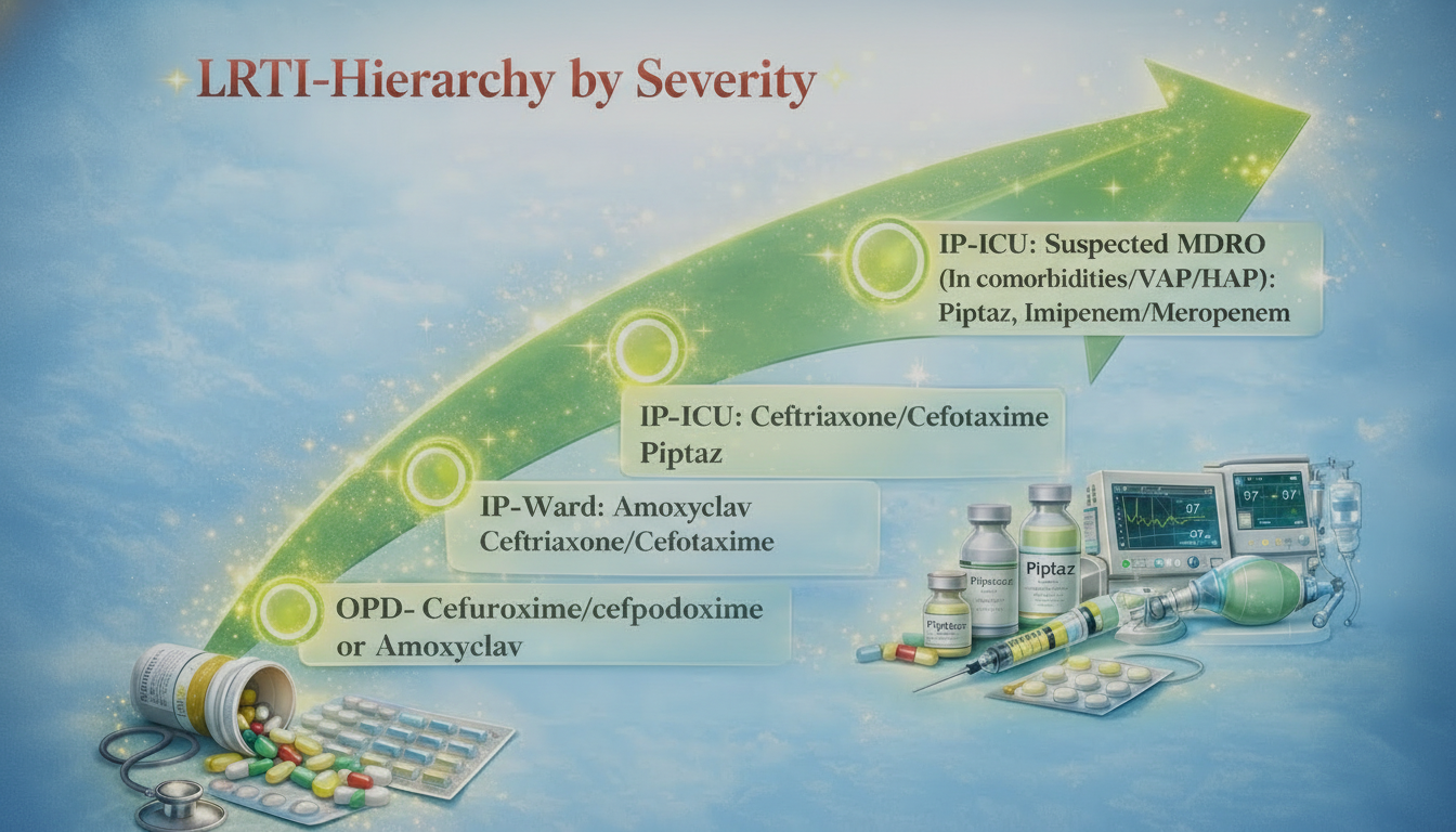 LRTI Hierarchy by Severity showing antibiotic escalation from OPD to IP-ICU